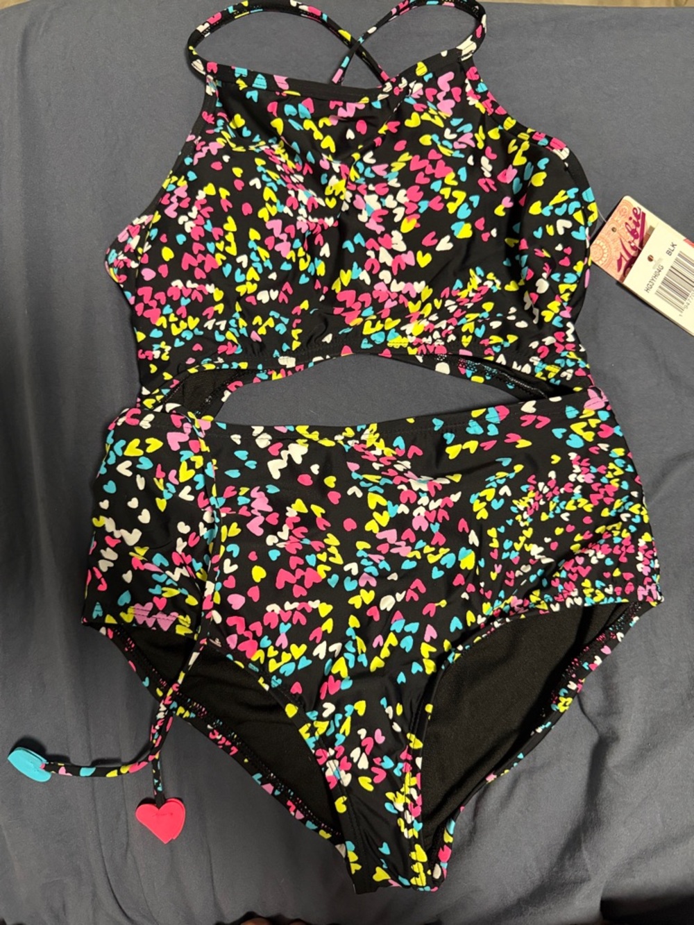 Black Cutout swimsuit with Neon Heart Print